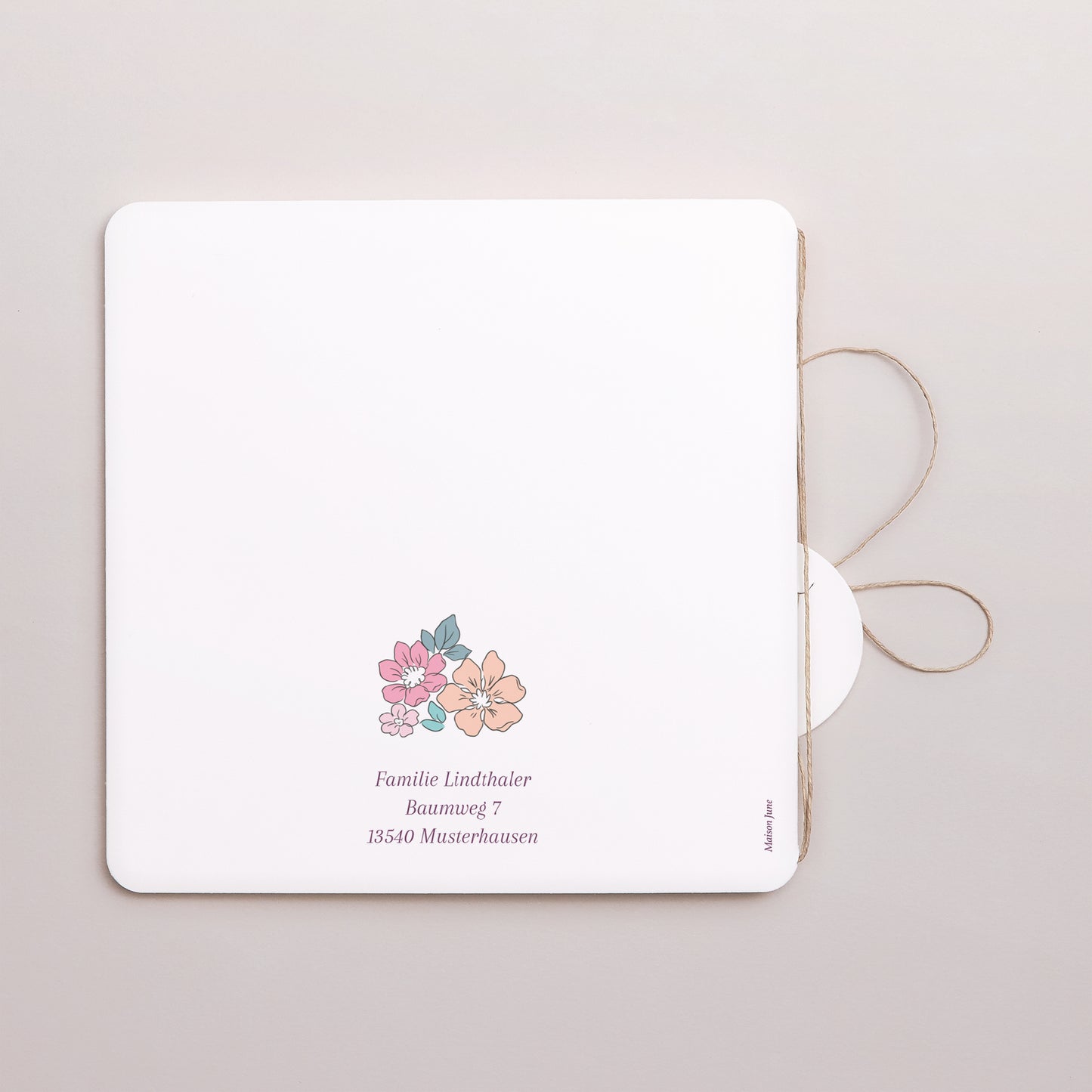Geburtskarte Doppel-Quadrateinschlag, abgerundete Ecken, runde Etikette Baumwollblume foto N° 3