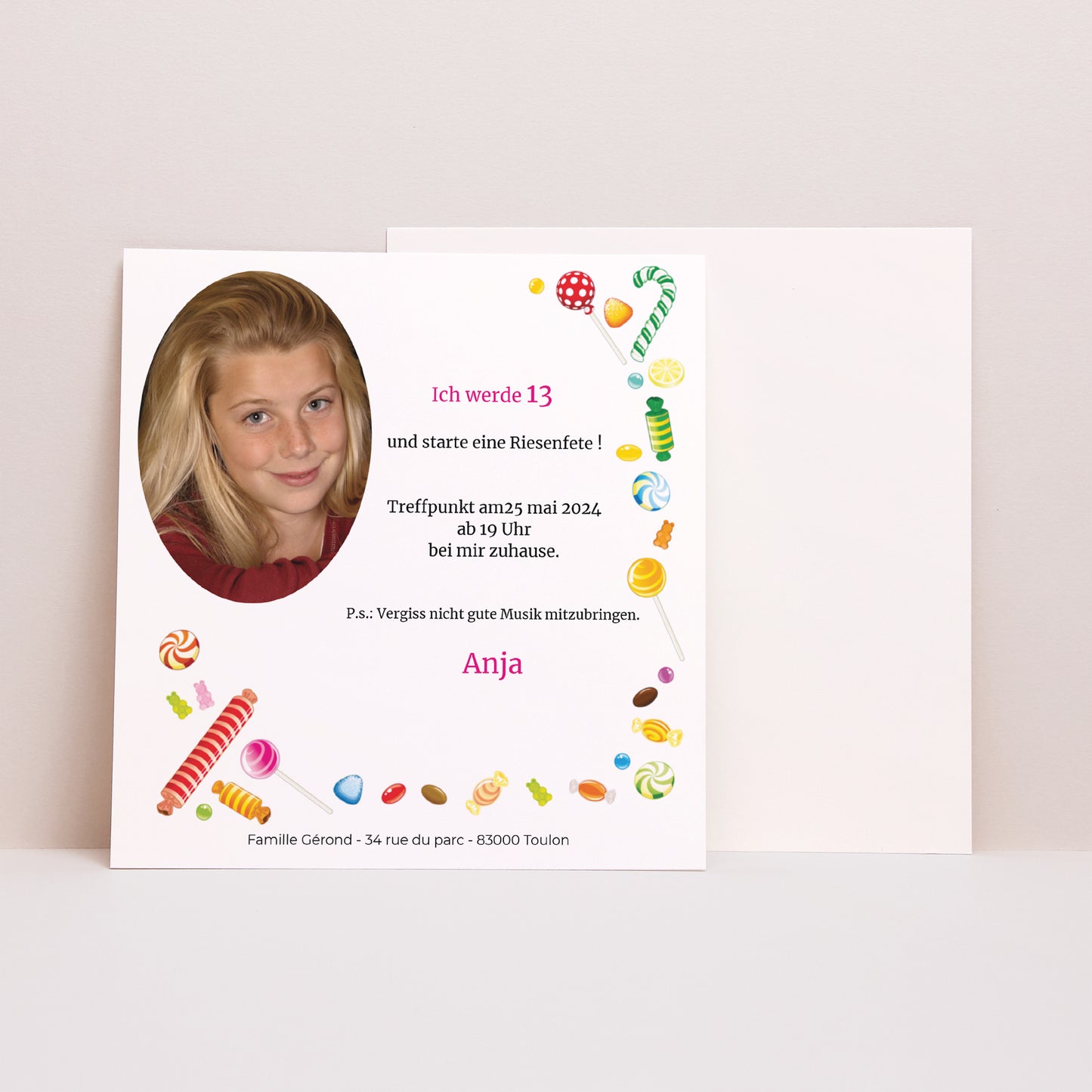 Beilegekarte Kindergeburtstag Quadrat Süßigkeiten in Hülle und Fülle foto N° 1