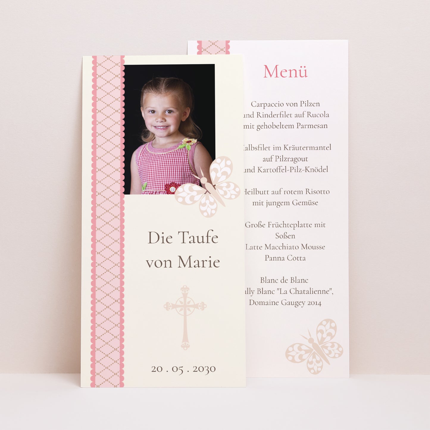 Menükarte Taufe Panoramatisches Porträt Taufe Retro - Mädchen foto N° 1