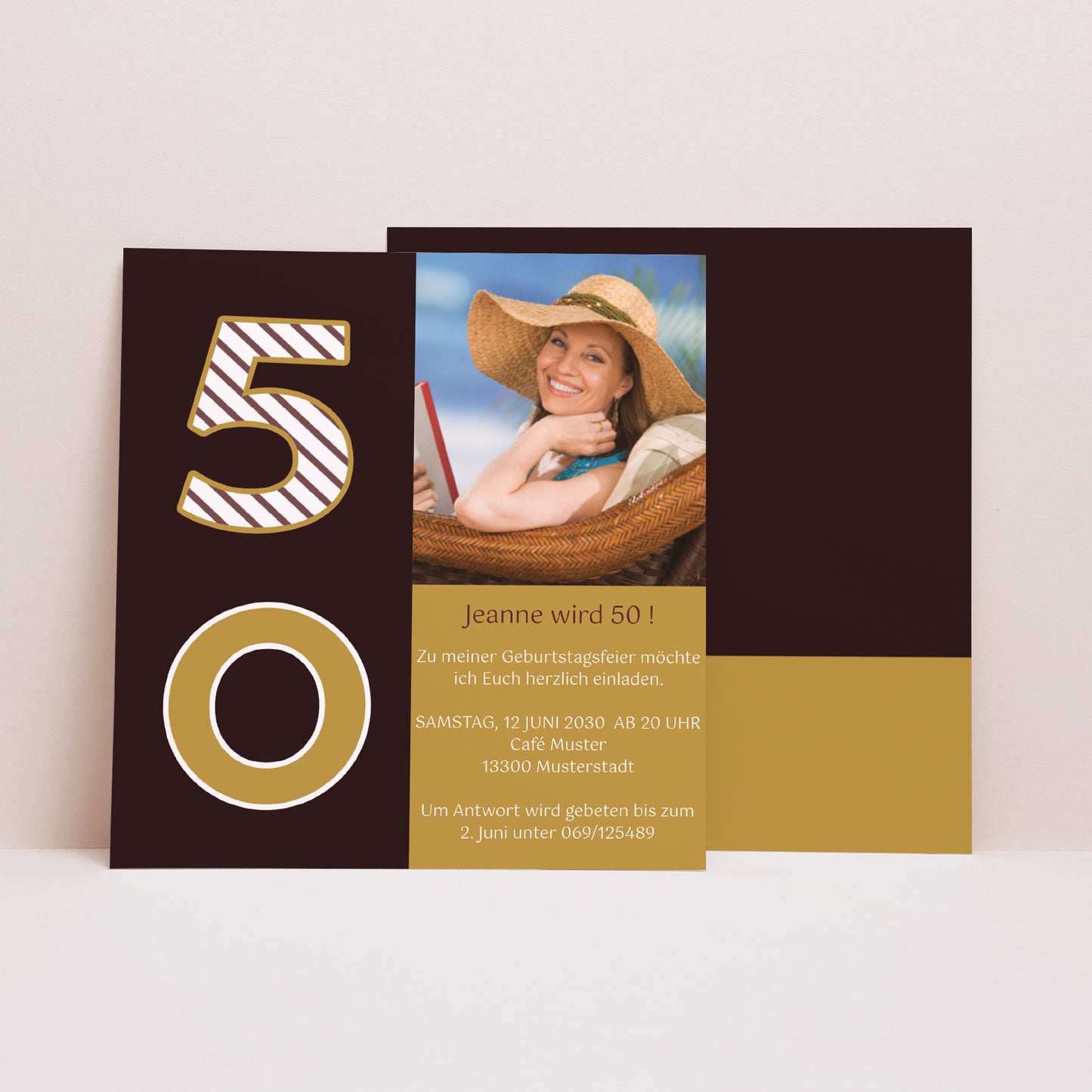 Beilegekarte Geburtstag Erwachsener Quadrat 50 Jahre - Gold und Schokolade foto N° 1