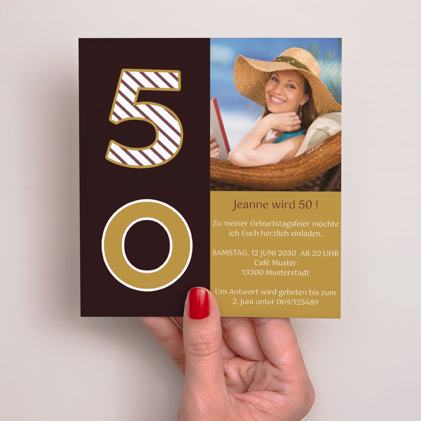 Beilegekarte Geburtstag Erwachsener Quadrat 50 Jahre - Gold und Schokolade foto N° 2