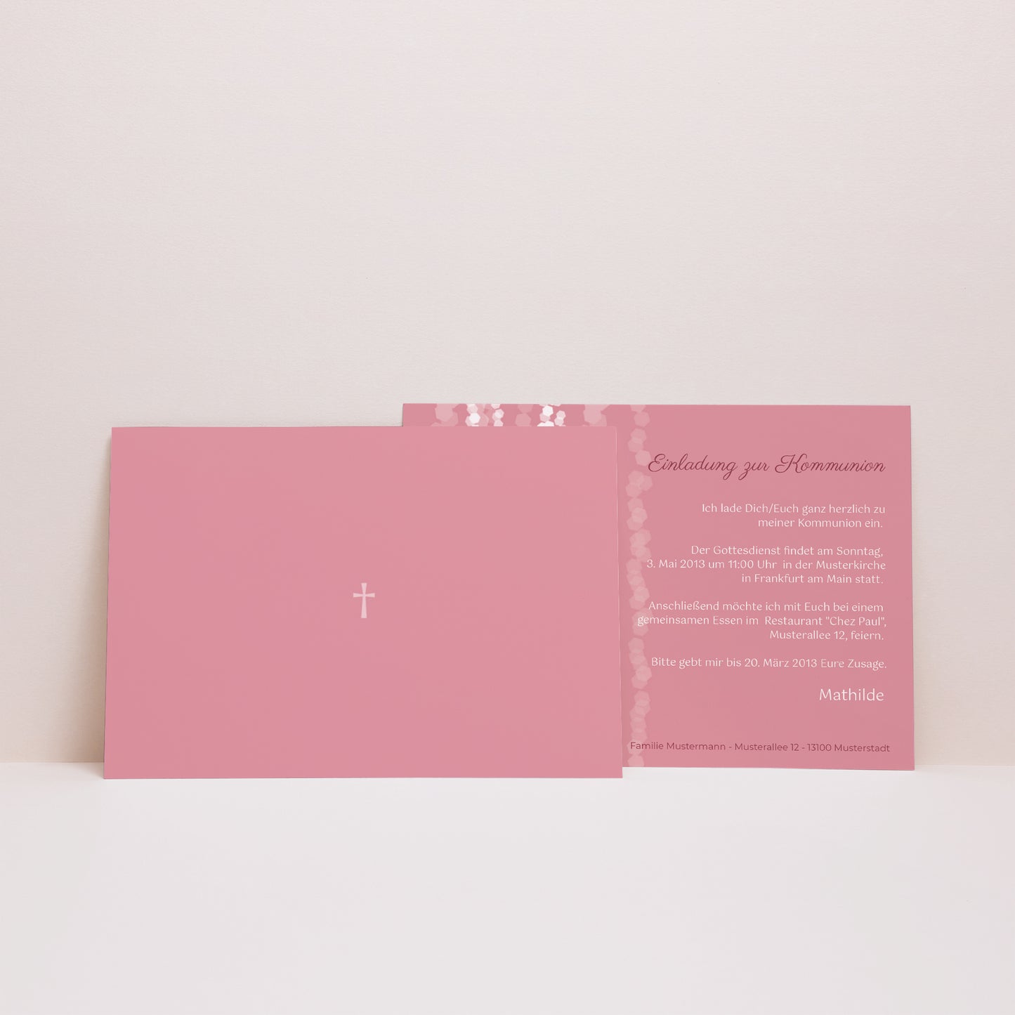 Einladungskarte Kommunion Landschaft Zeitgenössisches Kreuz Rosa foto N° 2