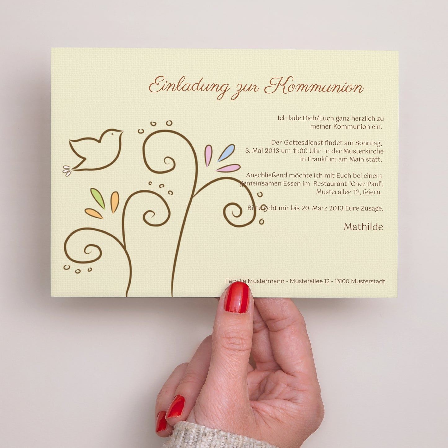 Einladungskarte Kommunion Landschaft Taube foto N° 3