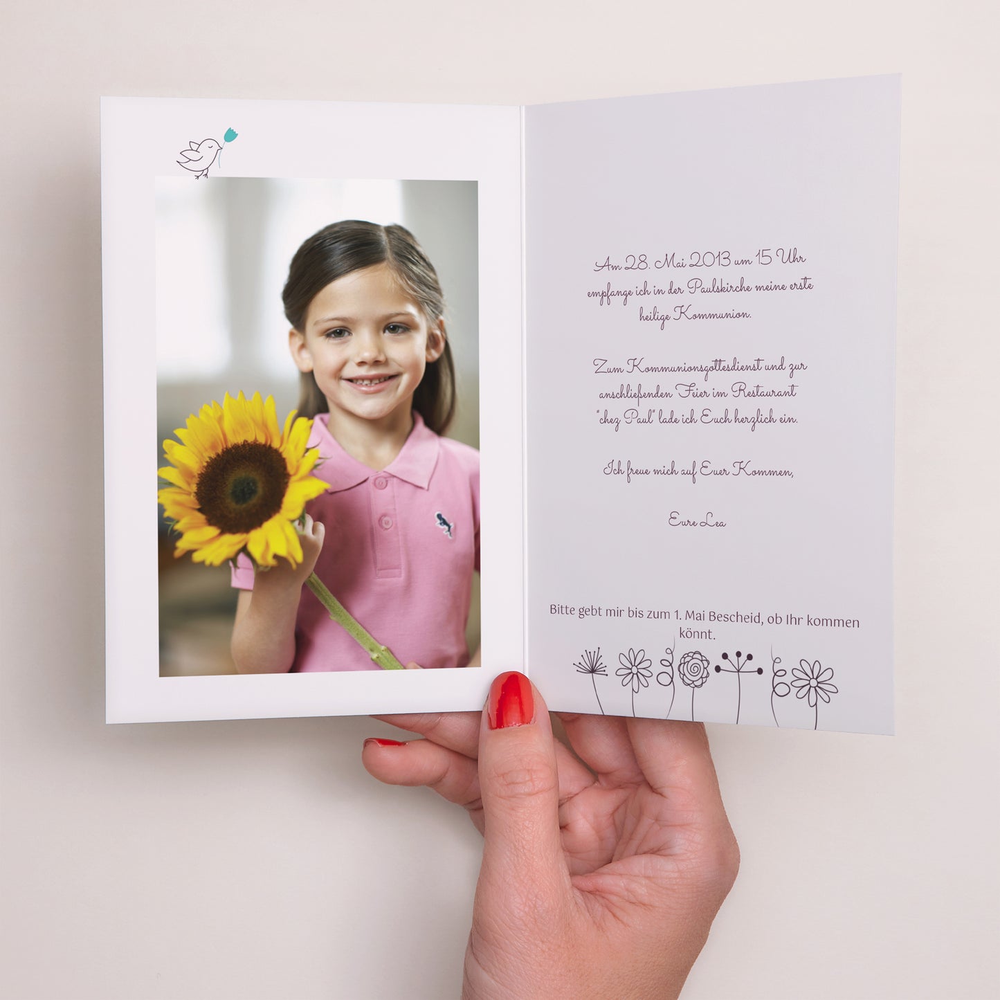Beilegekarte Kommunion Doppelter Porträtflügel Florale foto N° 2