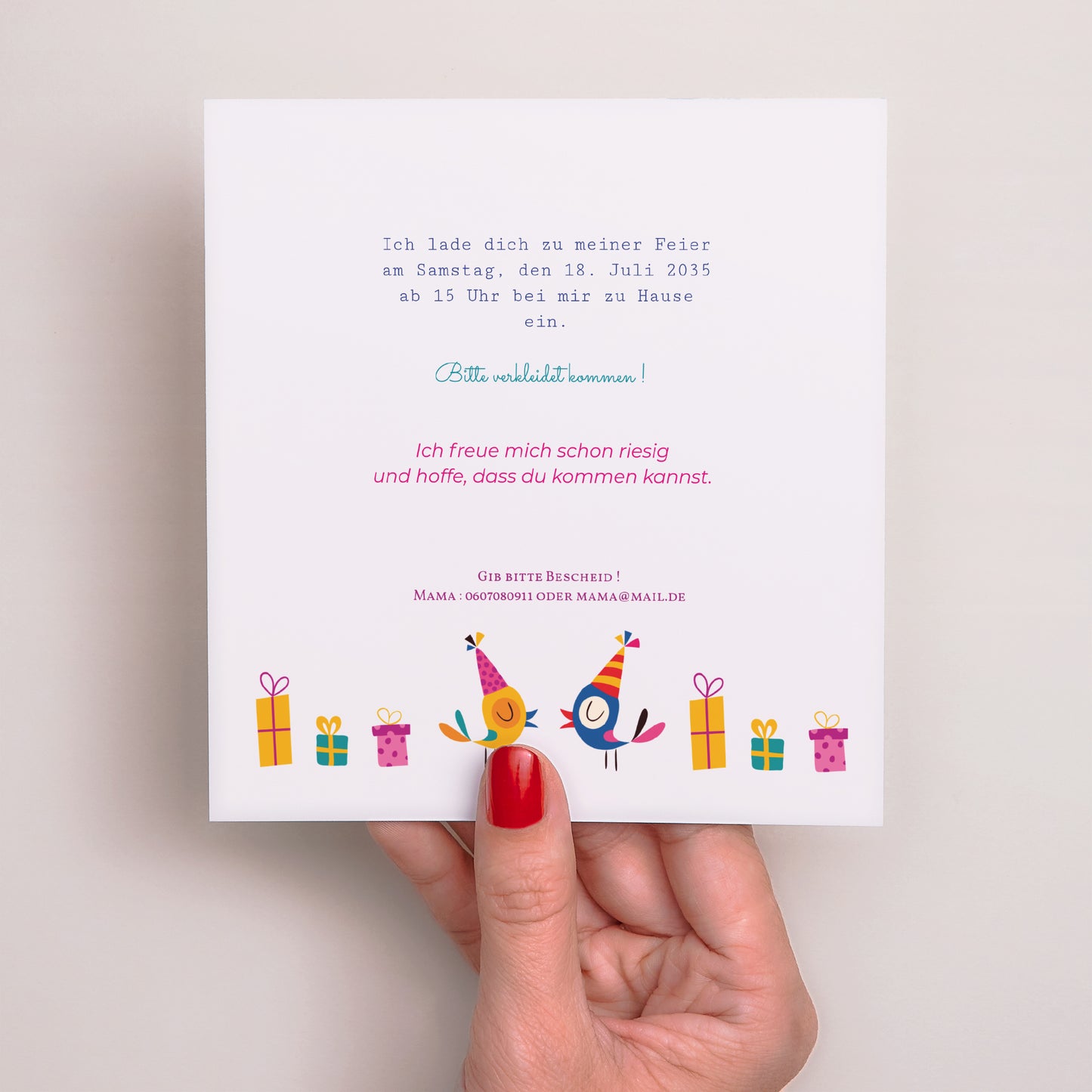 Beilegekarte Kindergeburtstag Quadrat Es ist die Feier II foto N° 3