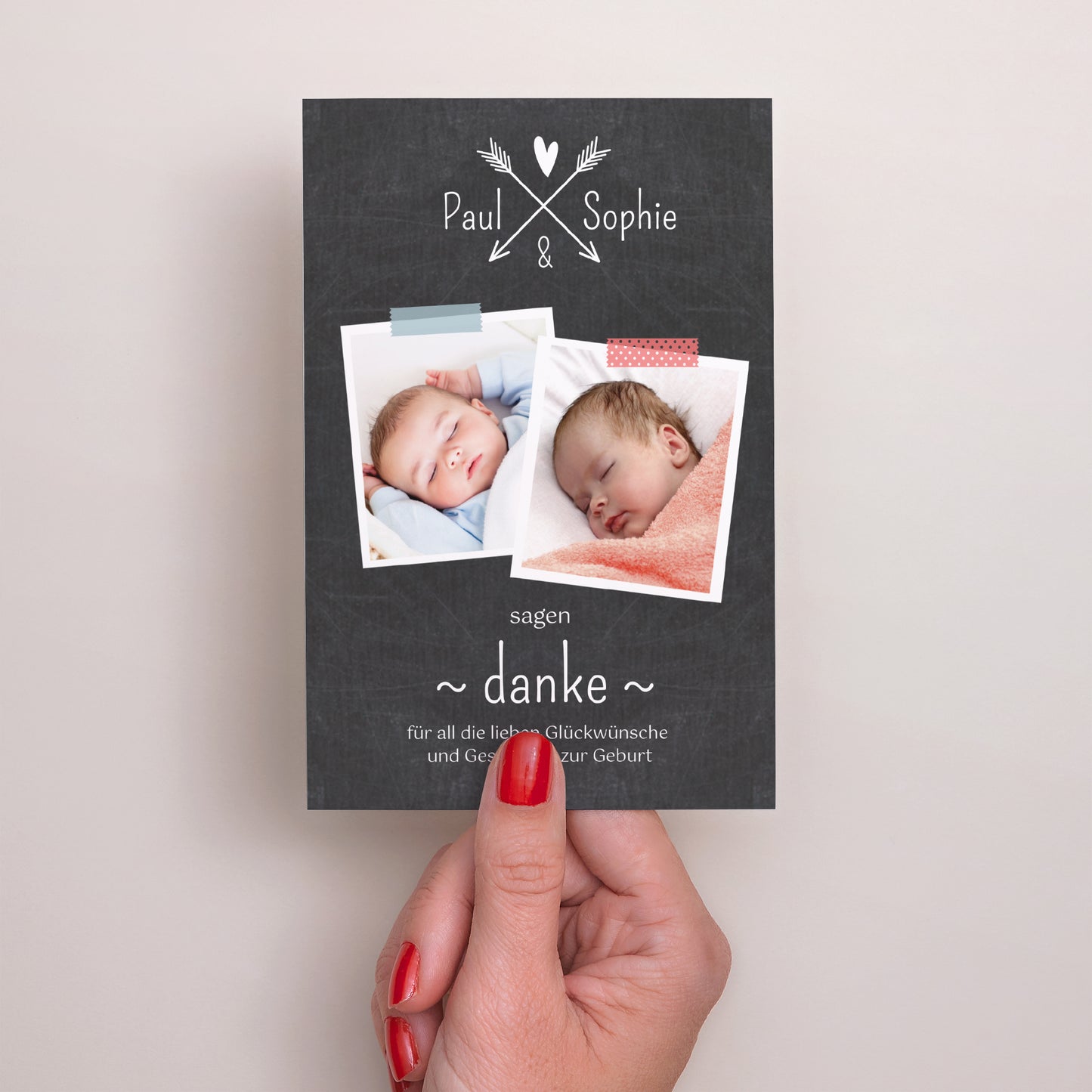 Dankeskarte Geburt PortraitPorträt Schiefer Zwillinge foto N° 2