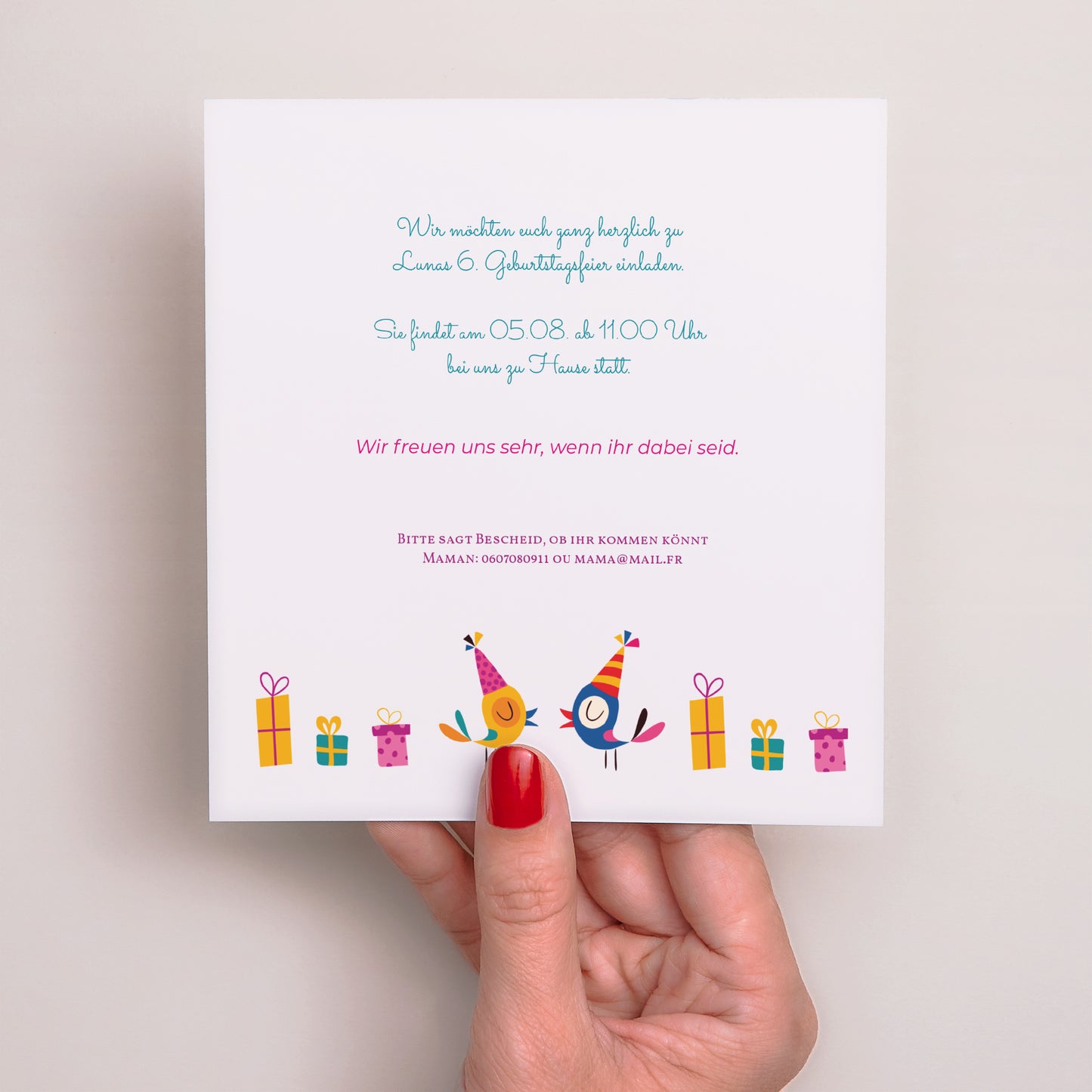 Einladungskarte Kindergeburtstag Quadrat 6 Jahre Vive la fête foto N° 3