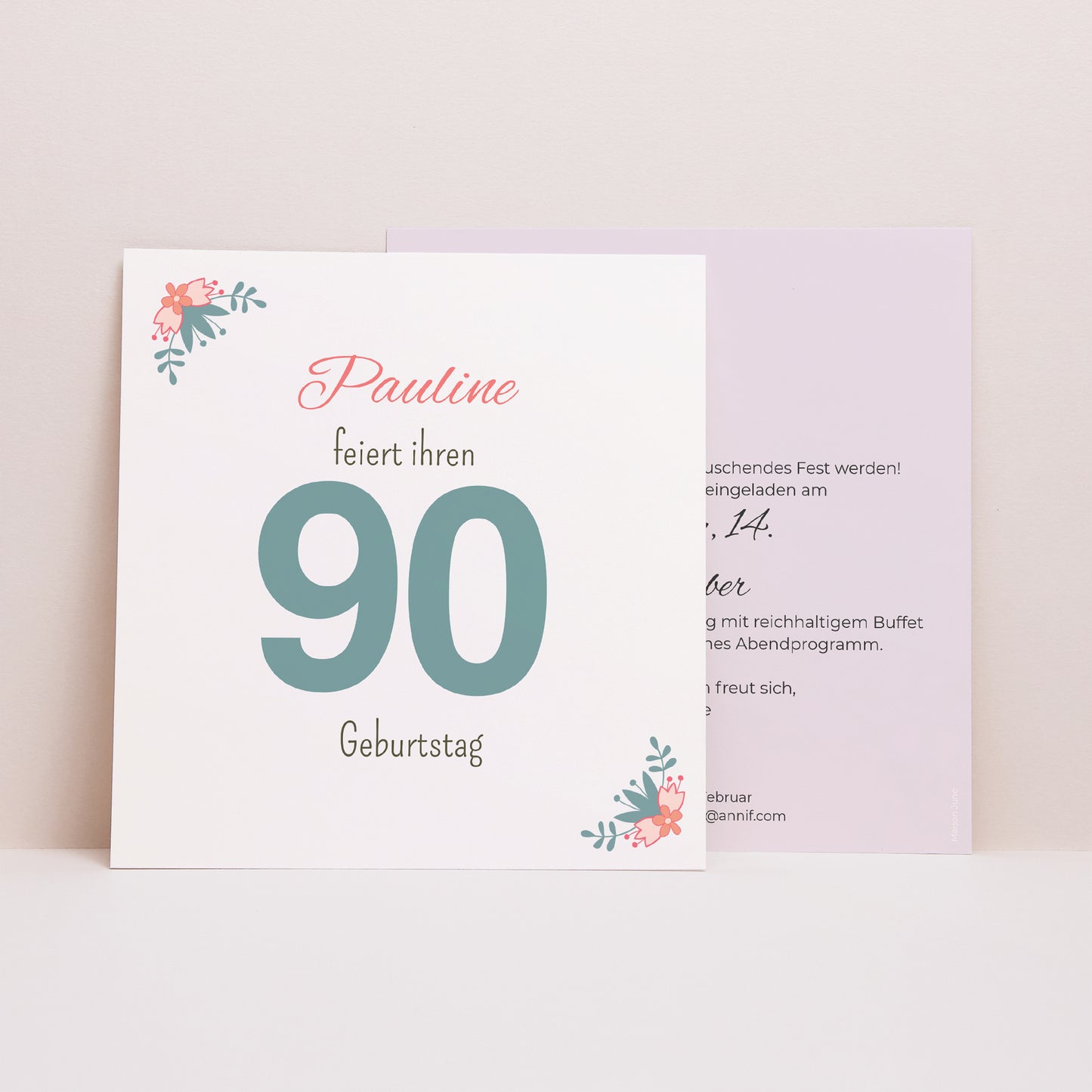 Beilegekarte Geburtstag Erwachsener Quadrat 90 blumige Jahre foto N° 1