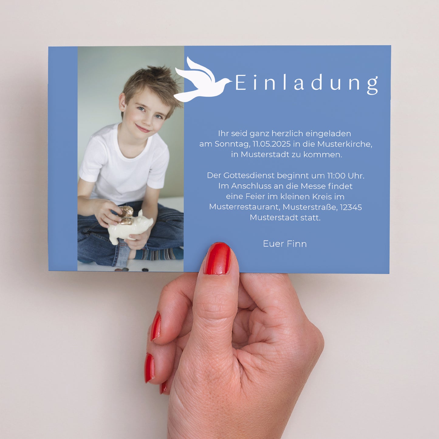 Einladungskarte Kommunion Landschaft Unbefleckte Taube foto N° 3