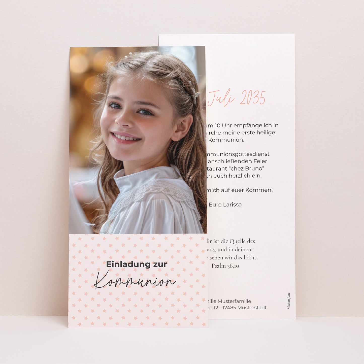 Einladungskarte Kommunion Panoramatisches Porträt Rosenmotive Sterne foto N° 1