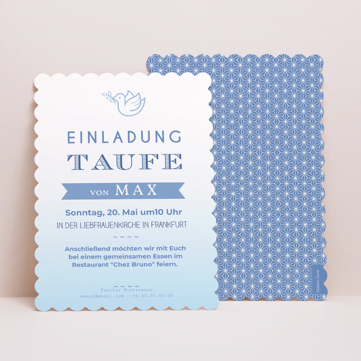Taufeinladung Porträt, Keksränder Effekt Blauverlauf foto N° 1