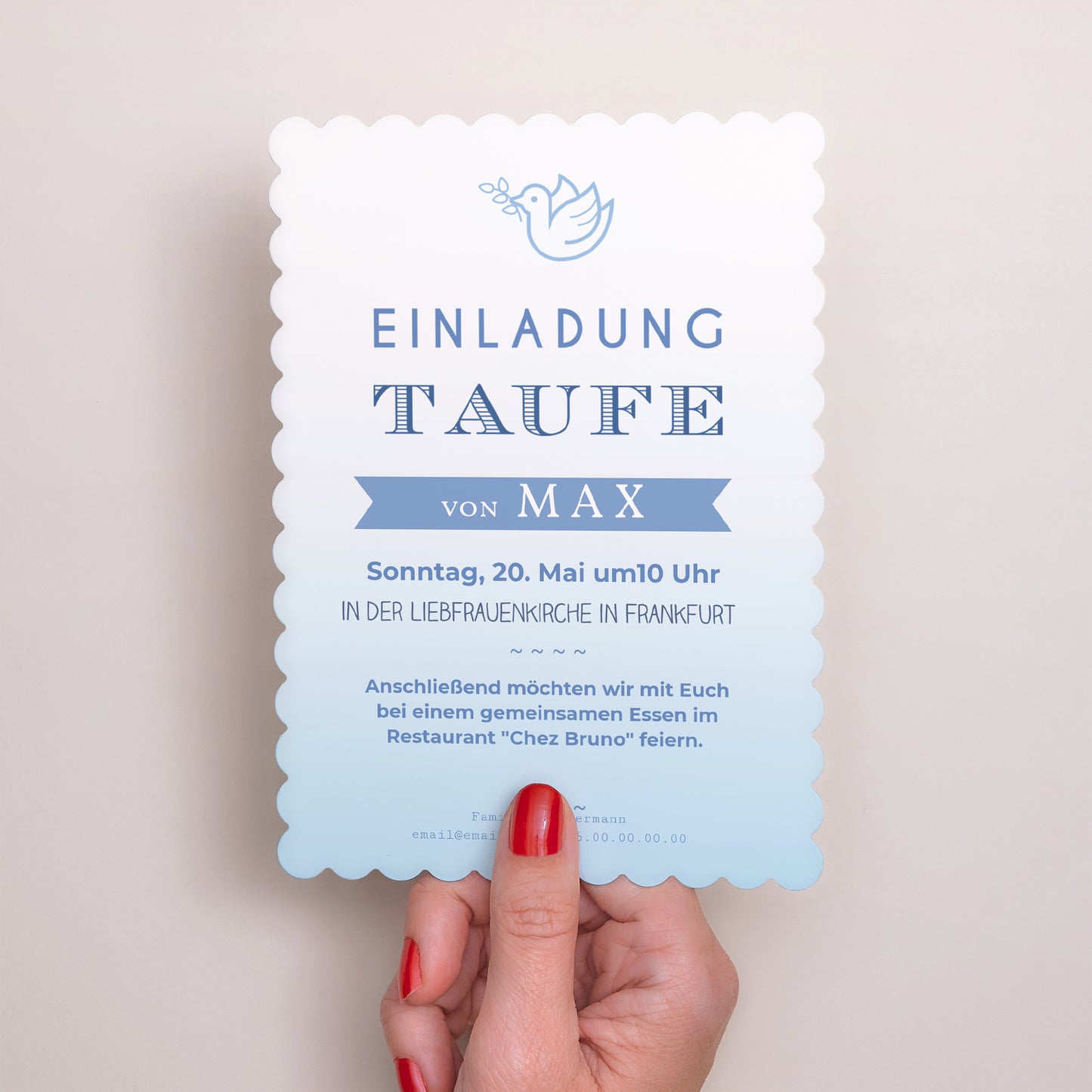 Taufeinladung Porträt, Keksränder Effekt Blauverlauf foto N° 2