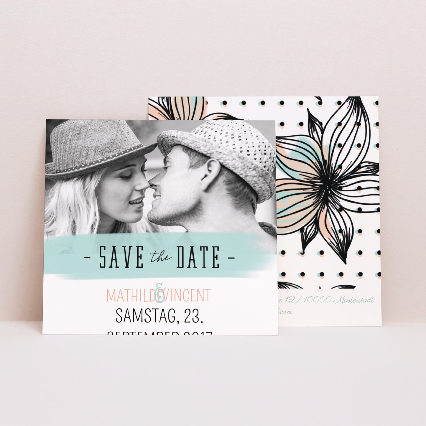 Save the date Karte Hochzeit Quadrat Blumen Motive Spaß foto N° 1