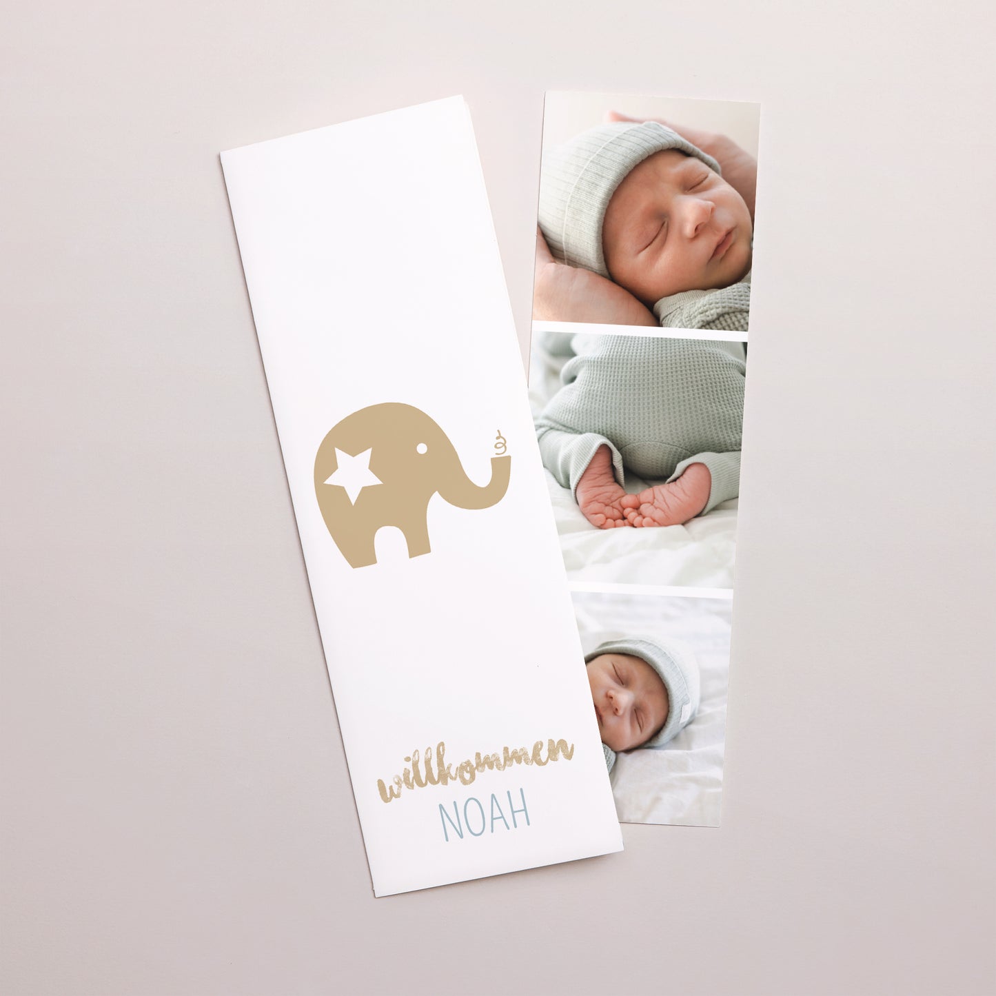 Einladungskarte Geburt Fotoautomaten Lesezeichen Goldener Elefant foto N° 1
