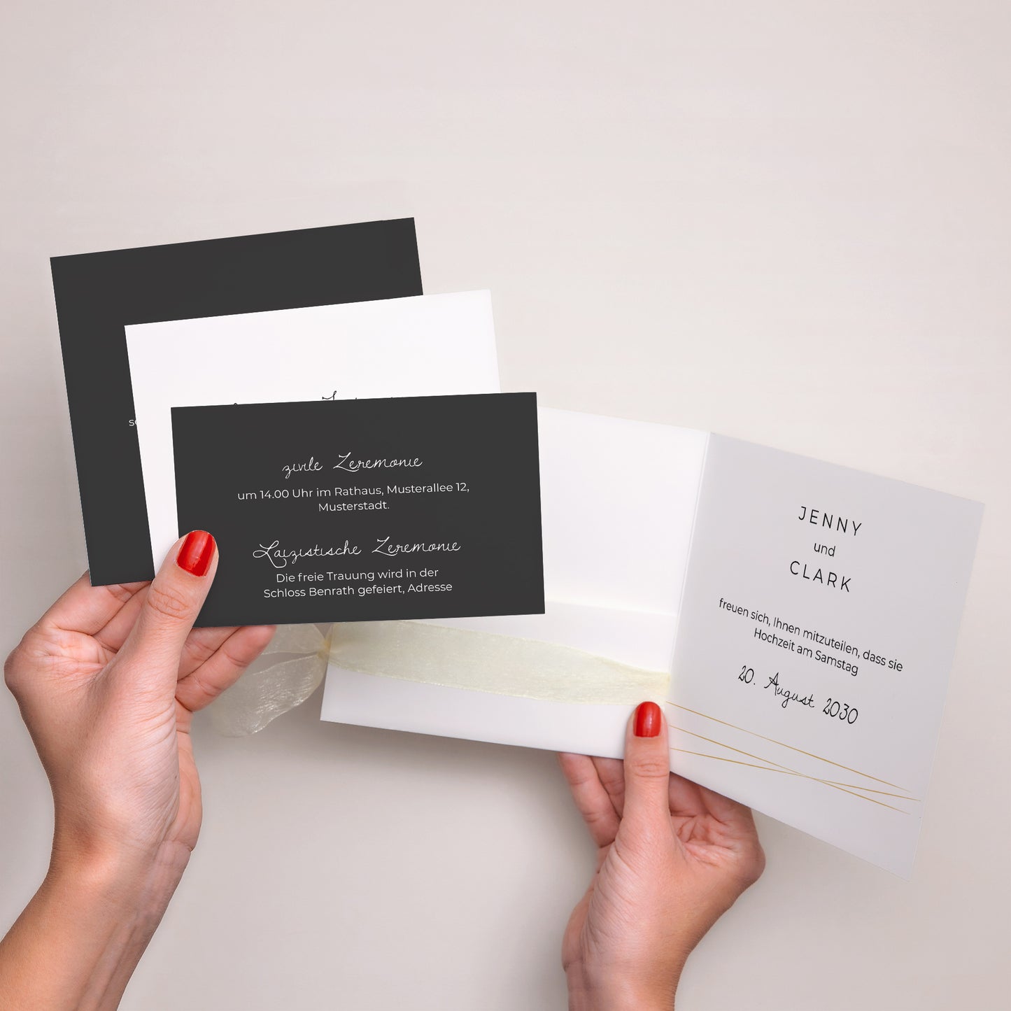 Hochzeitseinladung Quadratische Hülle, 3 Karten, Etikett Minimalistischer Chic foto N° 3