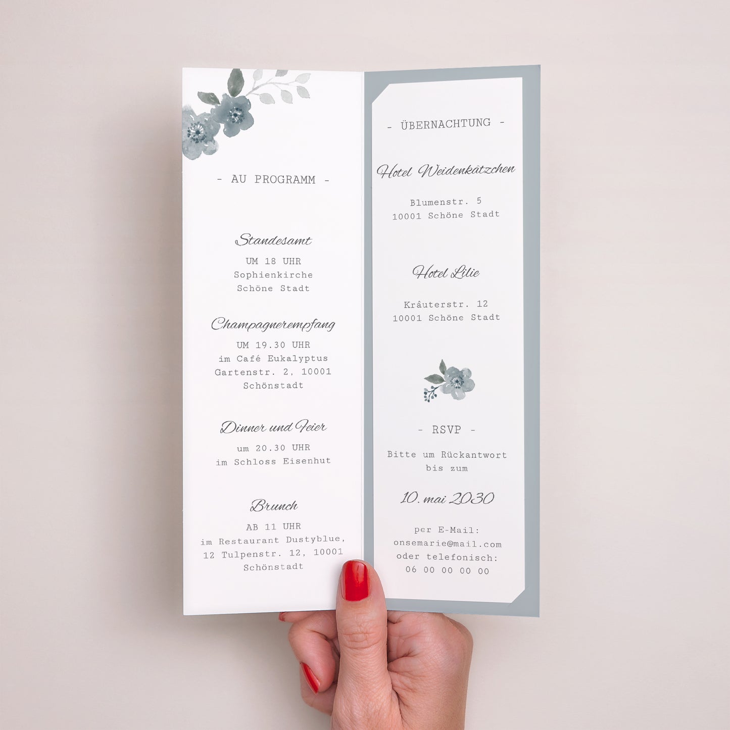 Hochzeitseinladung Fotoautomaten Lesezeichen Botanisches Blau foto N° 2
