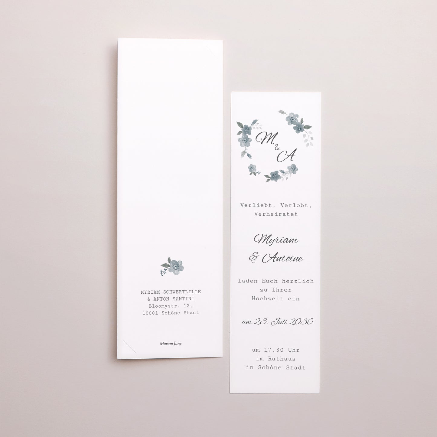Hochzeitseinladung Fotoautomaten Lesezeichen Botanisches Blau foto N° 3