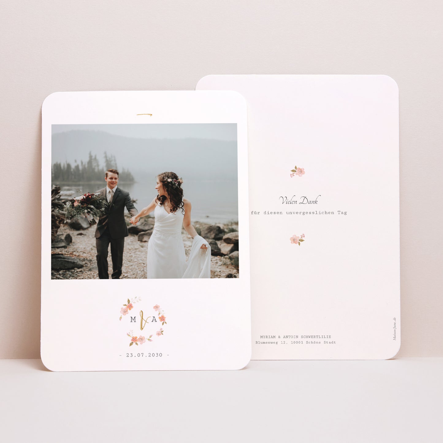 Dankeskarte Hochzeit Porträt, abgerundete Kanten Botanische Rose foto N° 1