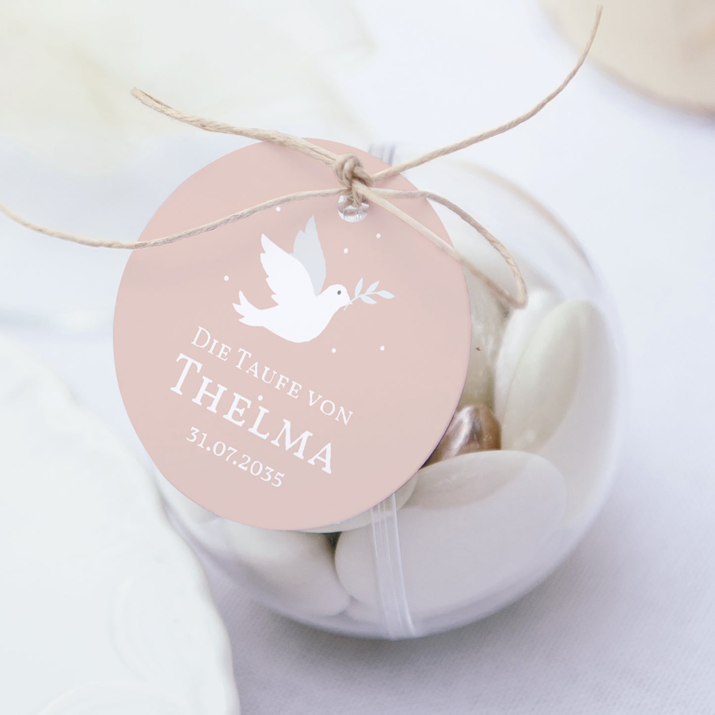 Geschenkbox Taufe Kugel mit runder Etikette Rosa Taube foto N° 1