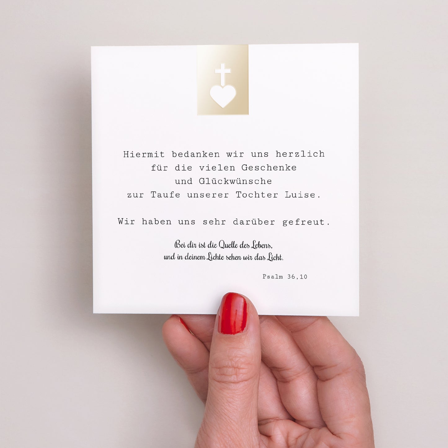 Dankeskarte Taufe Quadrat Kreuz und Gold foto N° 2