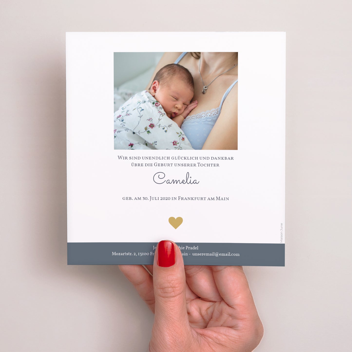 Geburtskarte Quadrat Kleid mit Punkten foto N° 3