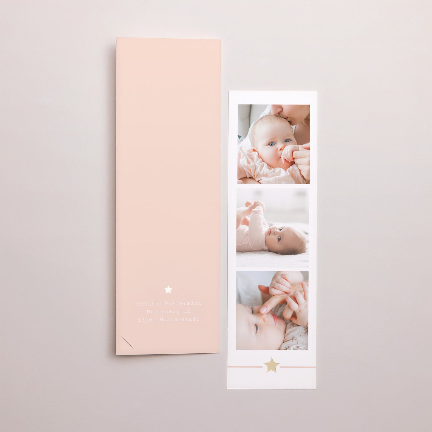 Einladungskarte Geburt Fotoautomaten Lesezeichen Rosa Storch foto N° 3