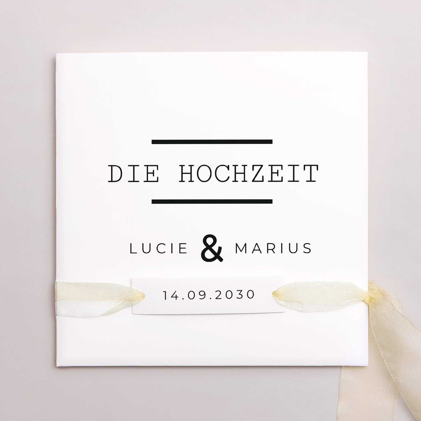 Hochzeitseinladung Quadratische Hülle, 3 Karten, Etikett Cappuccino foto N° 1