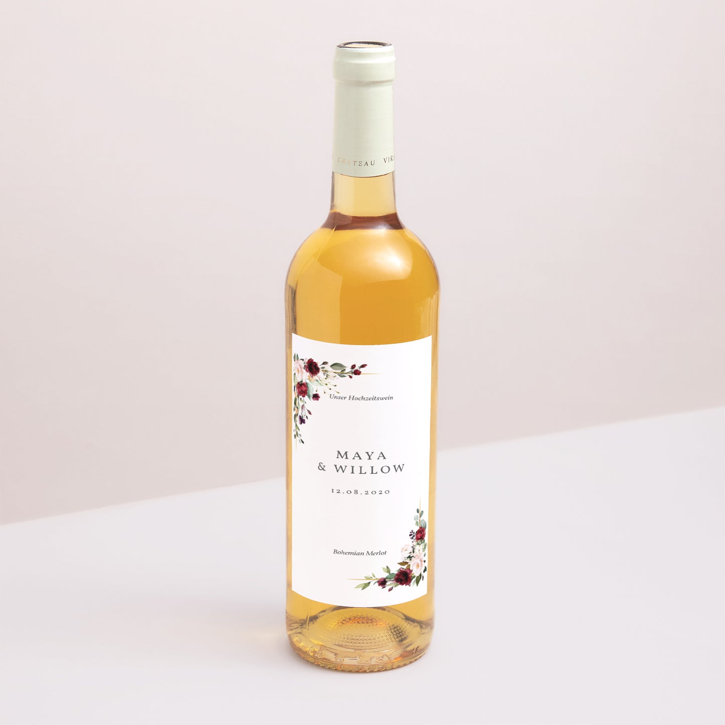 Flaschenetikett Hochzeit Porträt Krone Marsala foto N° 1