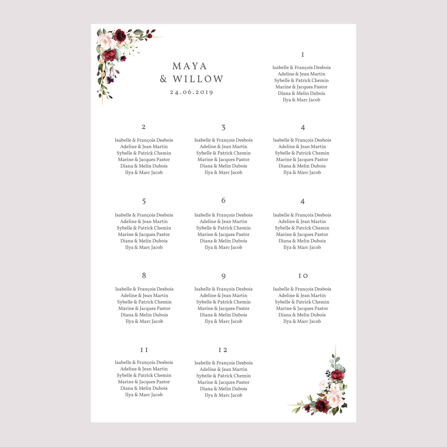 Sitzplan Hochzeit Porträt 60 x 90 cm Krone Marsala foto N° 2