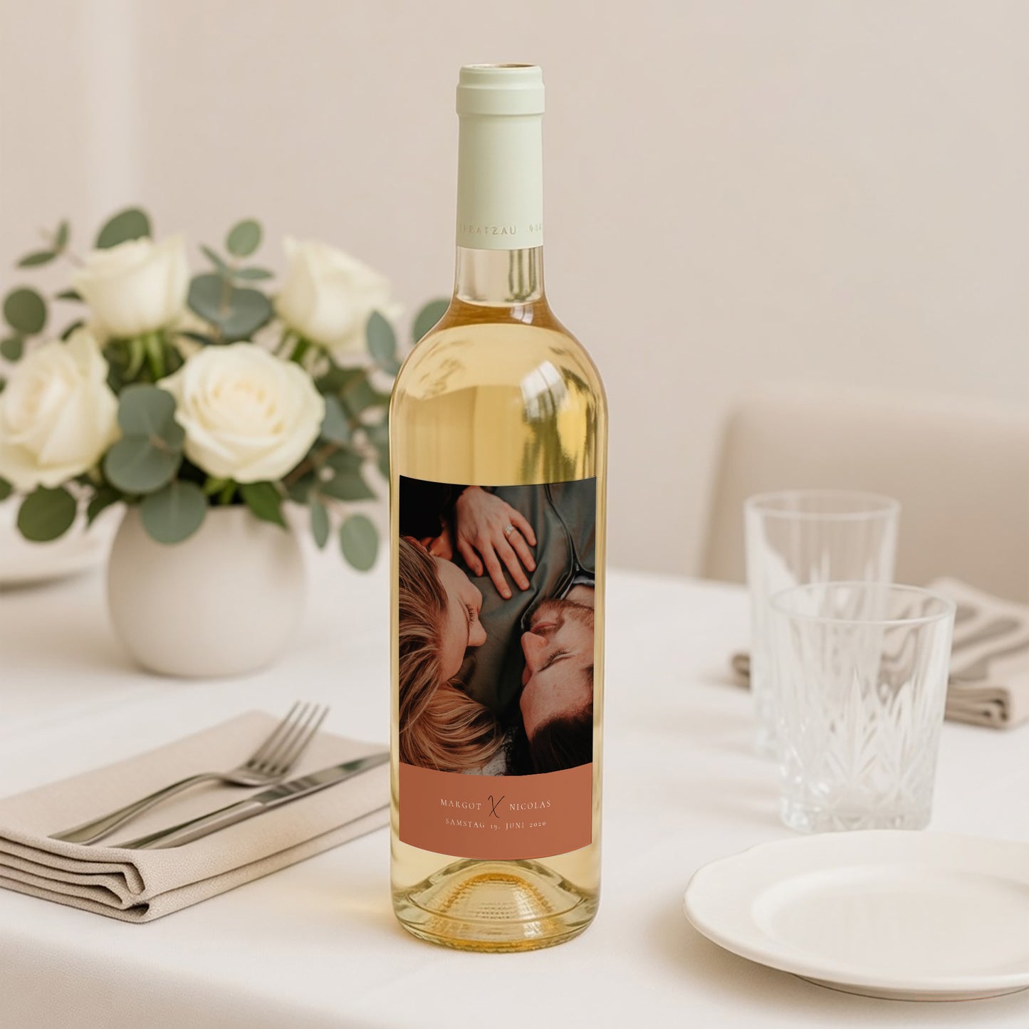 Flaschenetikett Hochzeit Porträt Zimtfarbene Kalligraphie foto N° 2
