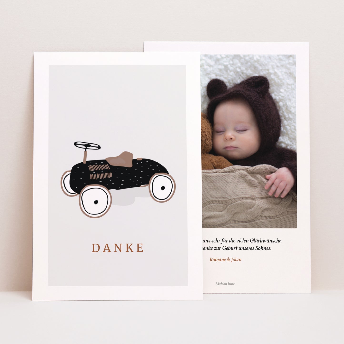 Dankeskarte Geburt PortraitPorträt Tretauto foto N° 1