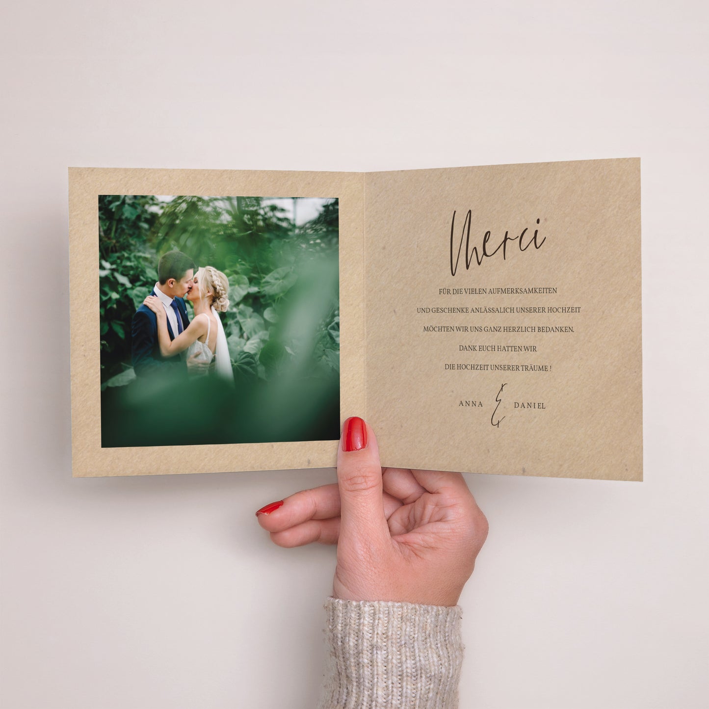 Dankeskarte Hochzeit Doppelflügiges Quadrat Rahmen Blätter foto N° 2