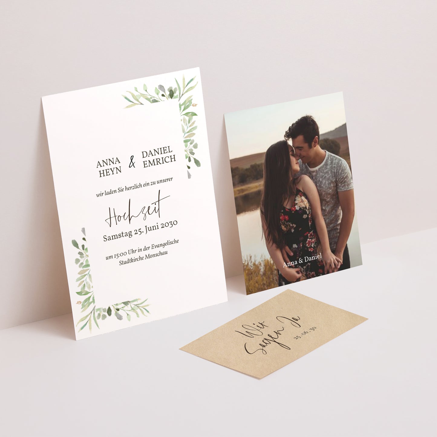 Hochzeitseinladung 3 Karten, Band Rahmen Blätter foto N° 2