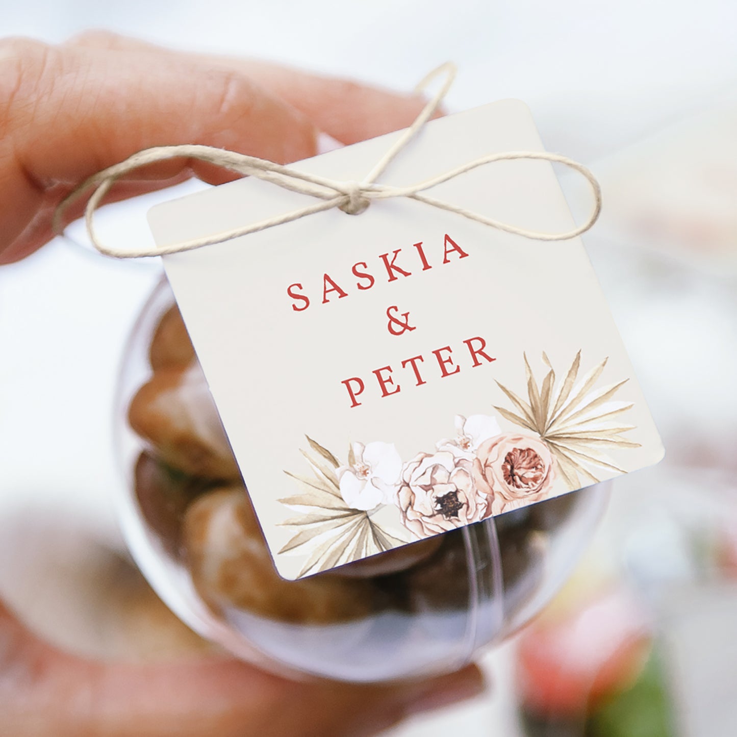 Geschenkbox Hochzeit Kugel mit quadratischem Etikett Böhmisches Quadrat foto N° 1