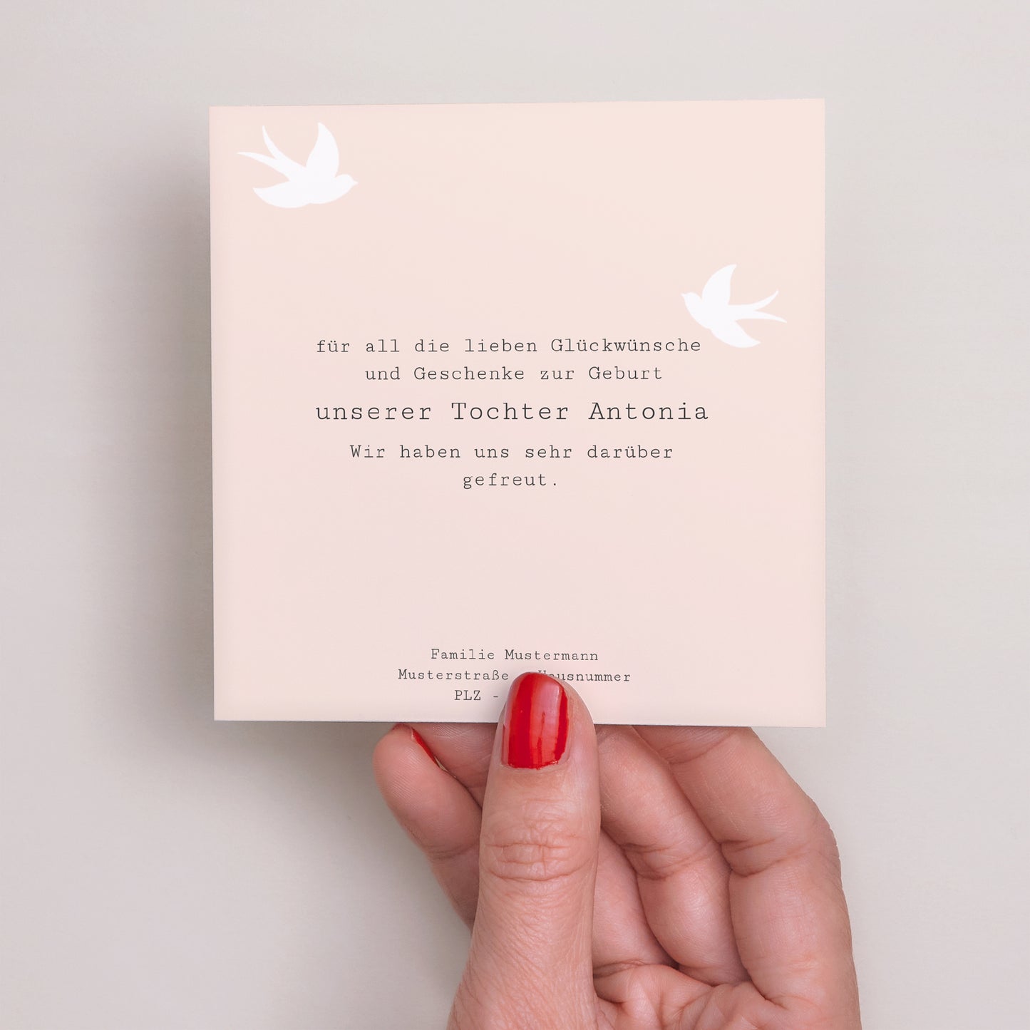 Dankeskarte Geburt Quadrat Rosa Kleid, Fotos, Lesezeichen foto N° 3