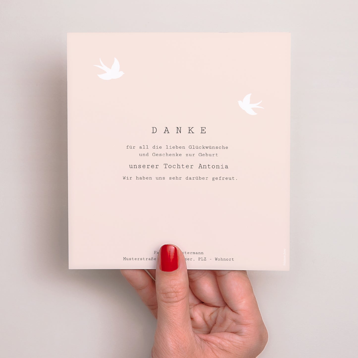 Dankeskarte Geburt Quadrat Rosa Kleid, Fotos, Lesezeichen foto N° 3