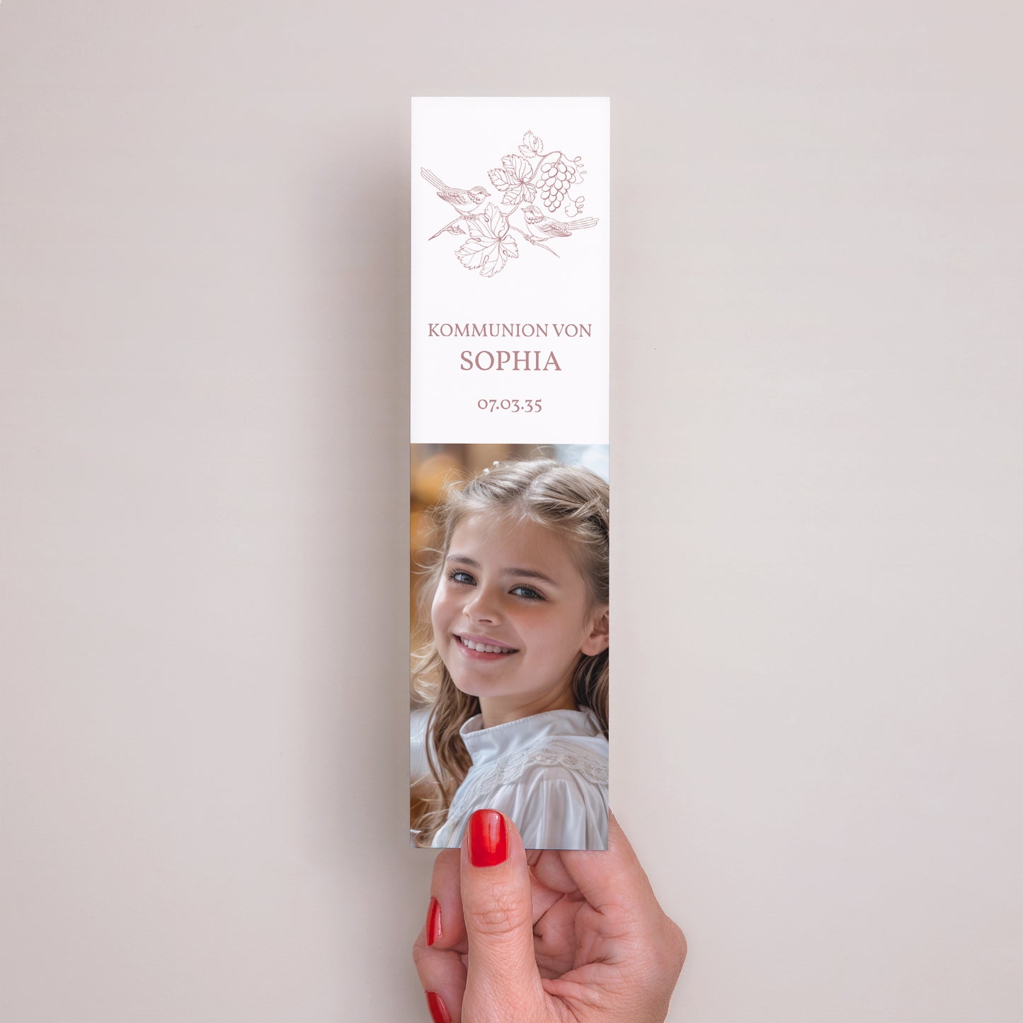 Dankeskarte Kommunion Lesezeichen Vögel und Foto, Weinrebe, Rose foto N° 2