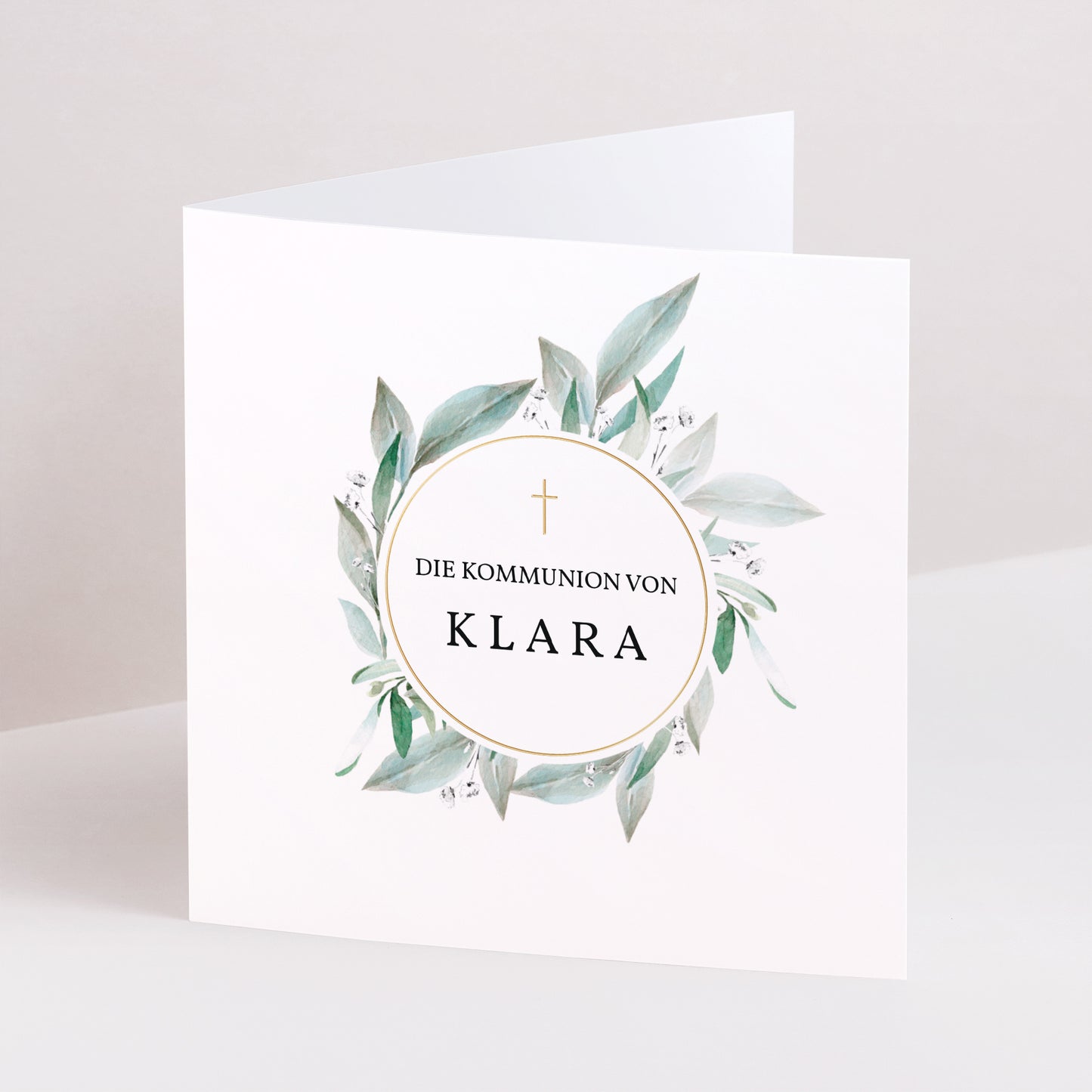 Einladungskarte Kommunion Doppelflügiges Quadrat Blumenkranz, Medaillon und Goldkreuz foto N° 1