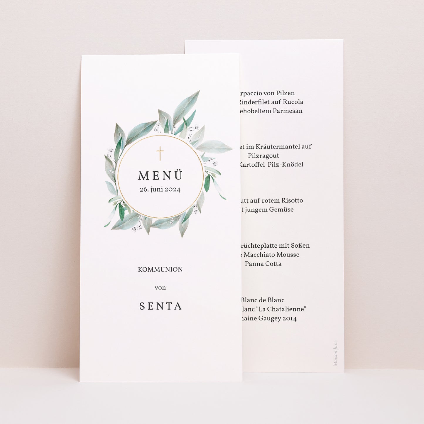 Menükarte Kommunion Panoramatisches Porträt Blumenkranz, Medaillon und Goldkreuz foto N° 1
