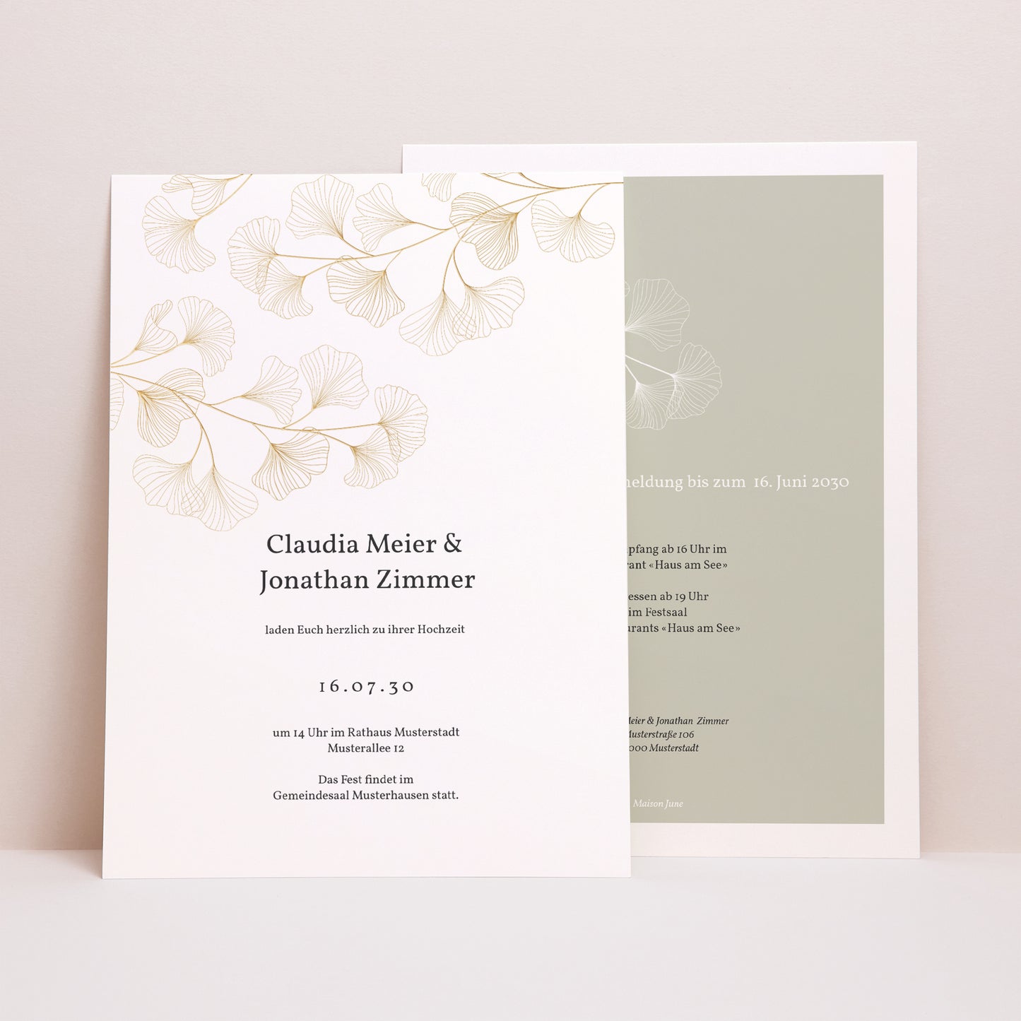 Hochzeitseinladung Porträt Ginkgo Biloba, Goldene Blätter foto N° 1