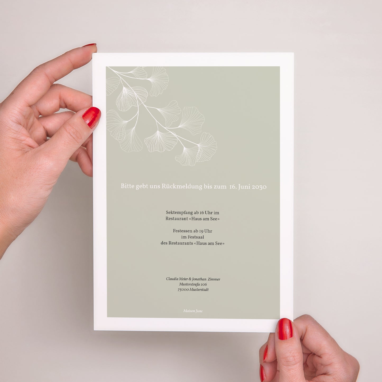 Hochzeitseinladung Porträt Ginkgo Biloba, Goldene Blätter foto N° 3