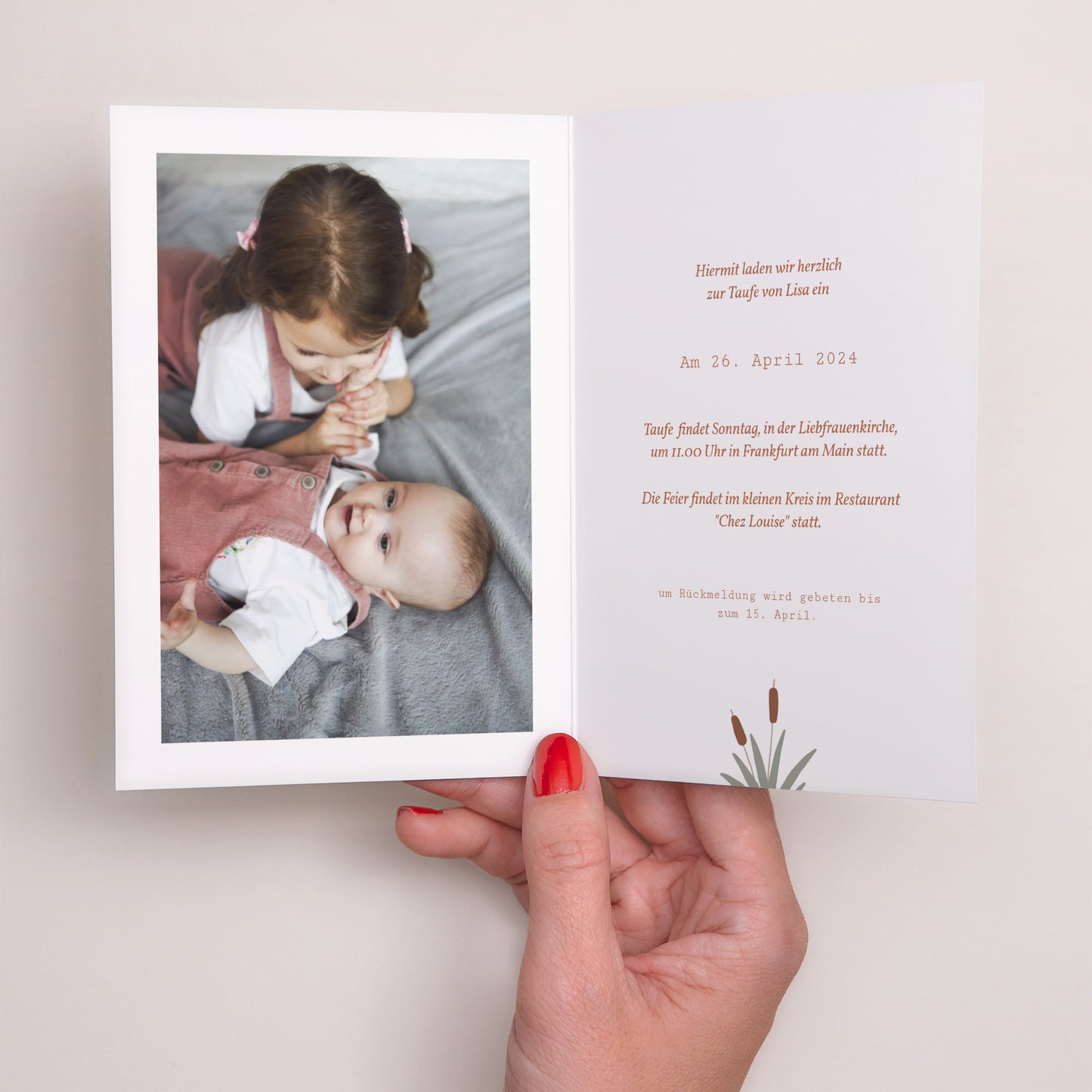 Taufeinladung Doppelter Porträtflügel Baby Schwan, Ocker Braun foto N° 2