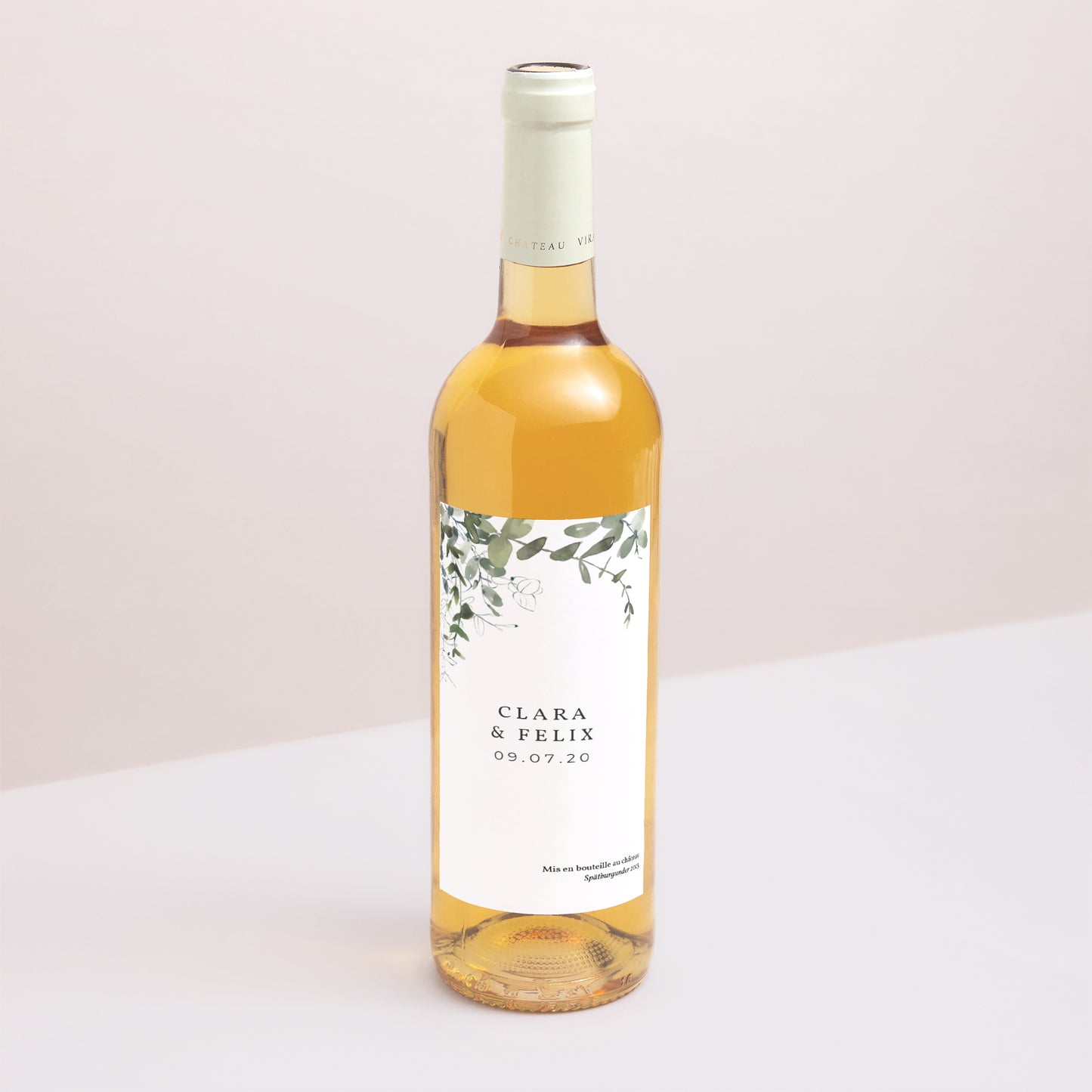 Flaschenetikett Hochzeit Porträt Blumig und Eukalyptus foto N° 1