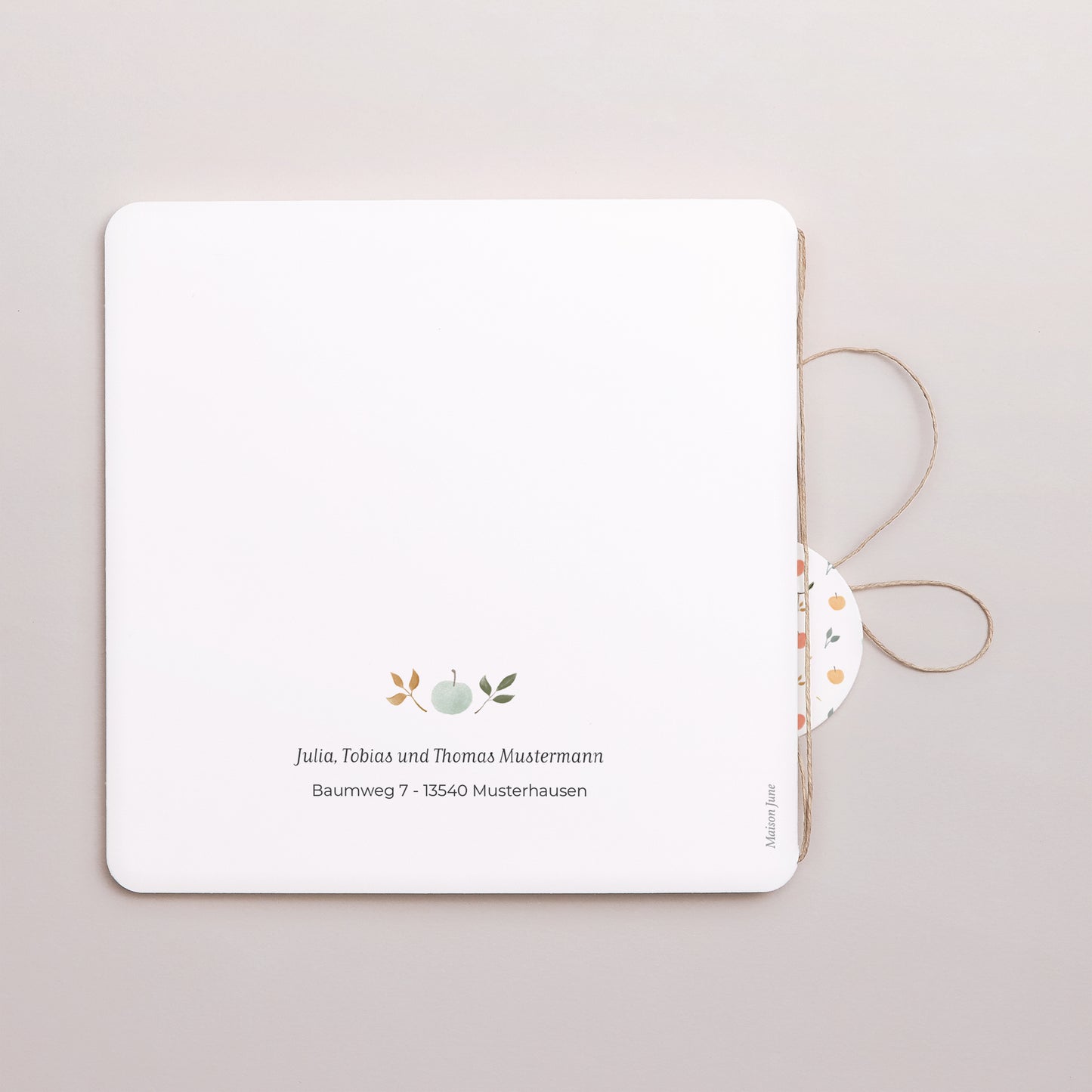 Geburtskarte Doppel-Quadrateinschlag, abgerundete Ecken, runde Etikette Pomme de reinette und pomme d'api, rundes Etikett foto N° 3