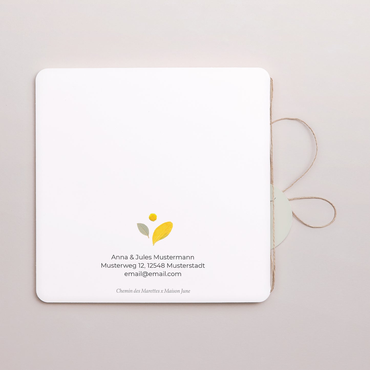 Geburtskarte Doppel-Quadrateinschlag, abgerundete Ecken, runde Etikette Herbarium, Sommerkrone & Etikett foto N° 3