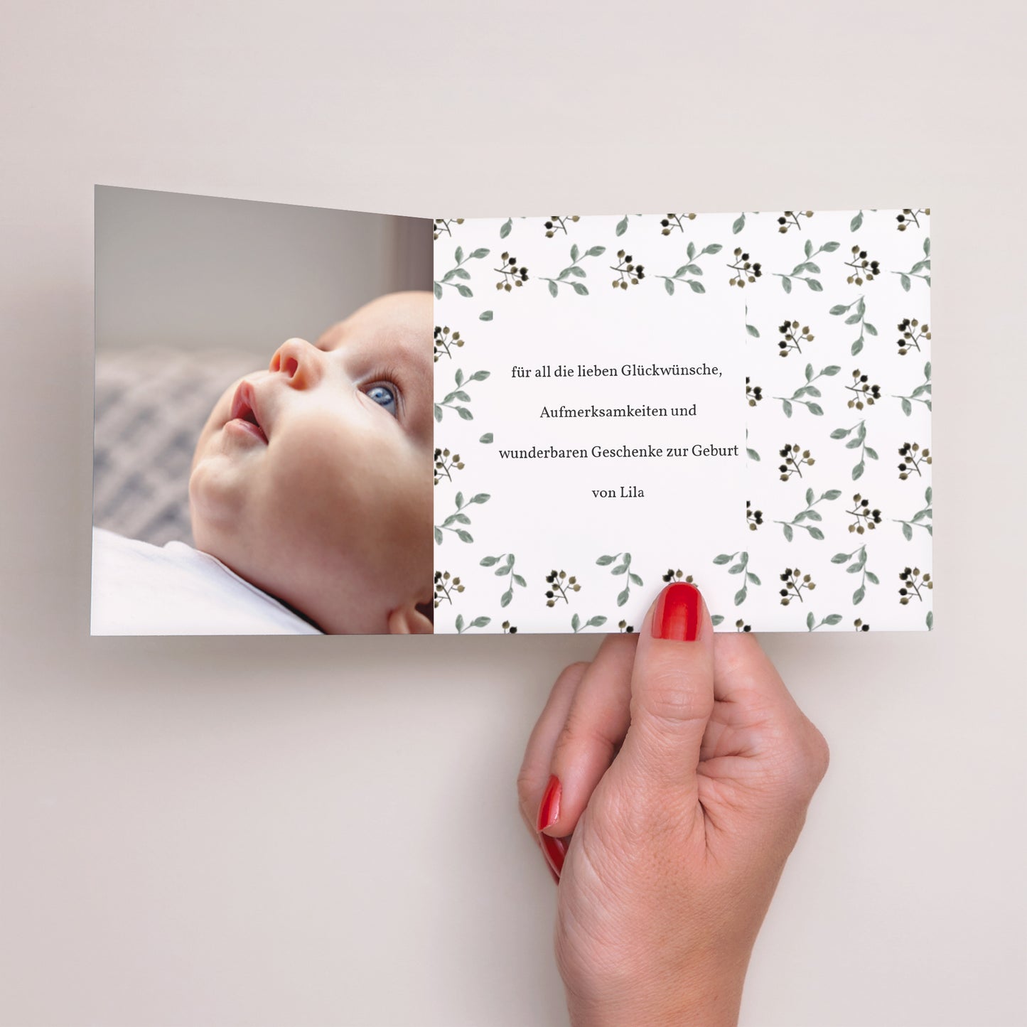 Dankeskarte Geburt Asymmetrische Zweiflügeltür Niedlicher Teddybär, Weidenkorb & Ballon foto N° 2