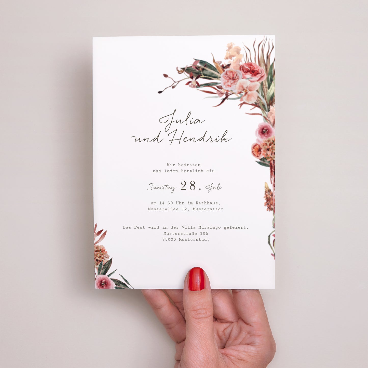 Hochzeitseinladung Arche Blumen Töne Rot Orange foto N° 2