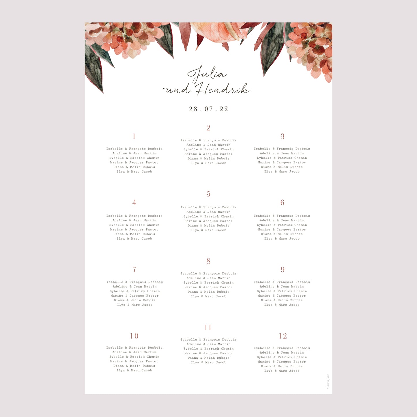 Sitzplan Hochzeit Porträt Arche Blumen Töne Rot Orange foto N° 2
