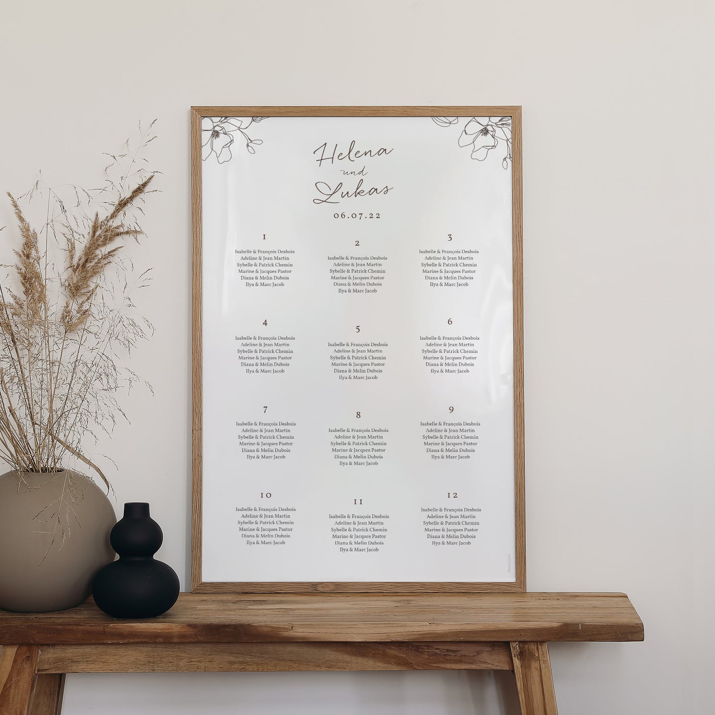 Sitzplan Hochzeit Porträt 60 x 90 cm Blumen-Silhouette III - Kirschbaum foto N° 2
