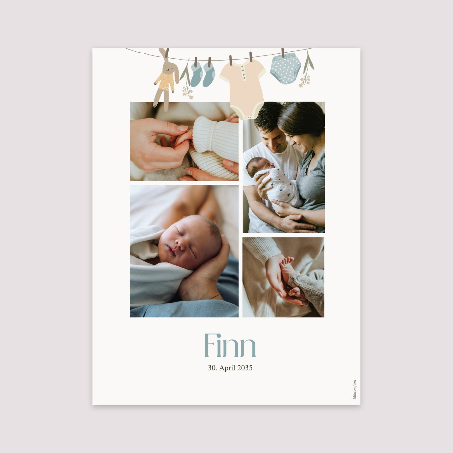 Poster Geburt Porträt Kleine Jungenkleidung auf der Wäscheleine foto N° 2